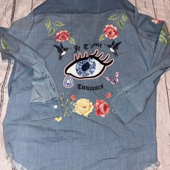 RARE! Lauren Moshi Sloane Love You Forever long-sleeve button-up denim shirt S - Picture 4 of 7